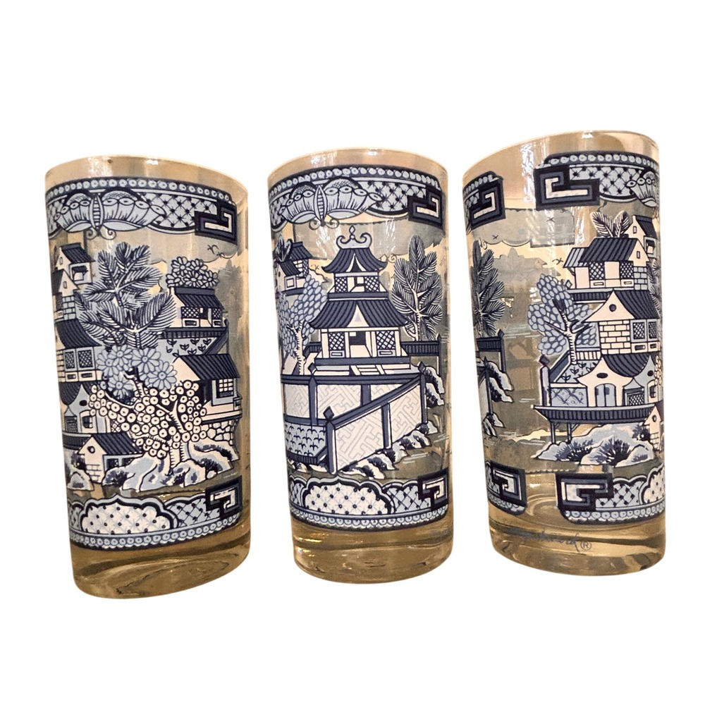 Georges Briard Blue Willow Highball Glasses Set of 3 Blue White Chinoiserie MCM